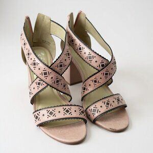 Blush Pink Suede Block Heel Sandals With Laser Cut Design & Back Zipper Closure